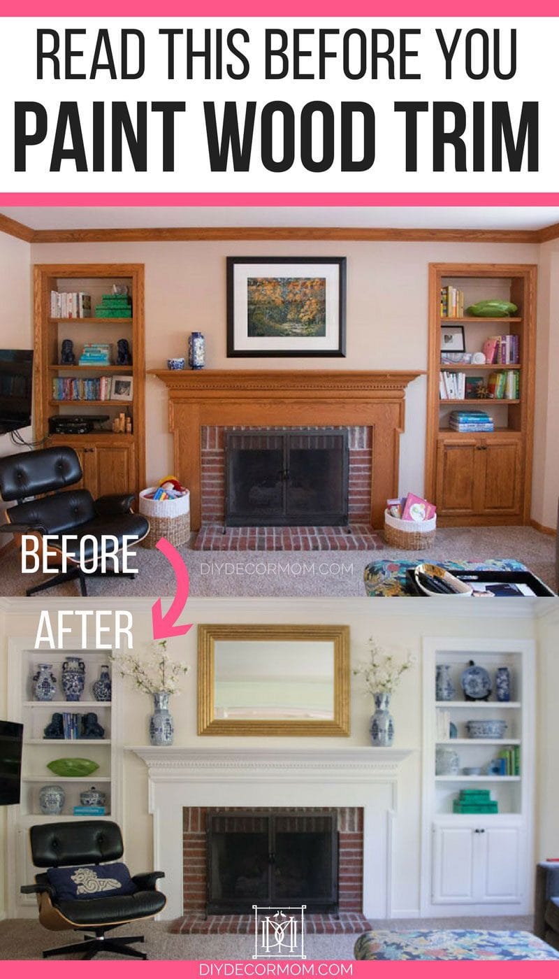 painting wood trim before and after fireplace and built-in bookshelves