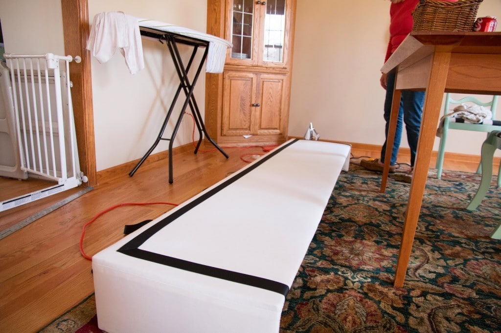 completed diy cornice box on floor of dining room