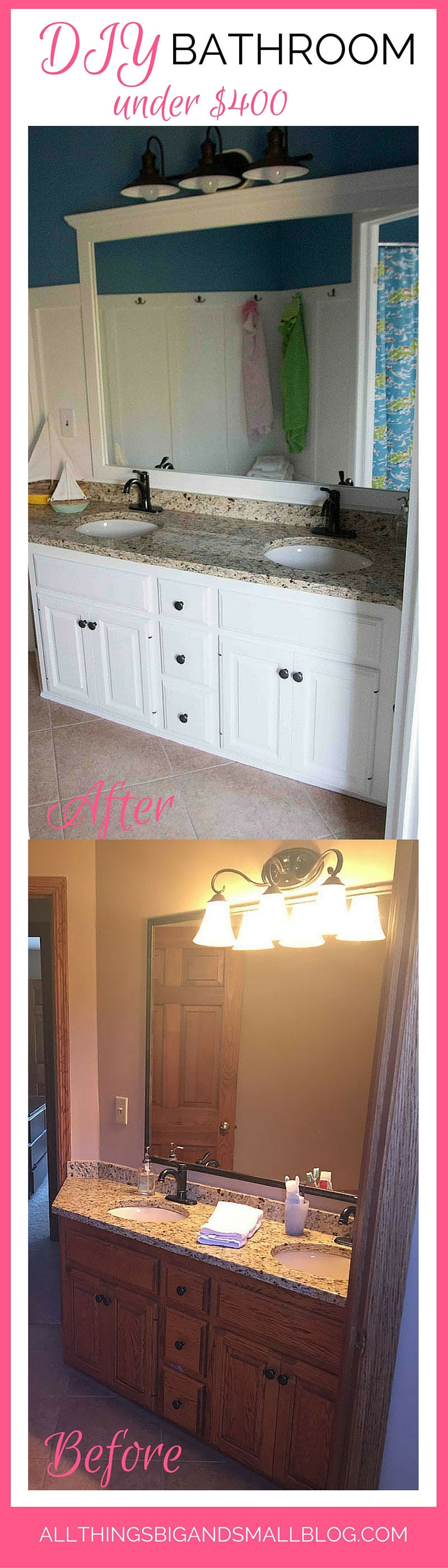 BEFORE and AFTER DIY bathroom for under $400--budget friendly bathroom DIY for a nautical kids bath! Full sources and directions at All Things Big and Small--a DIY Lifestyle Blog!