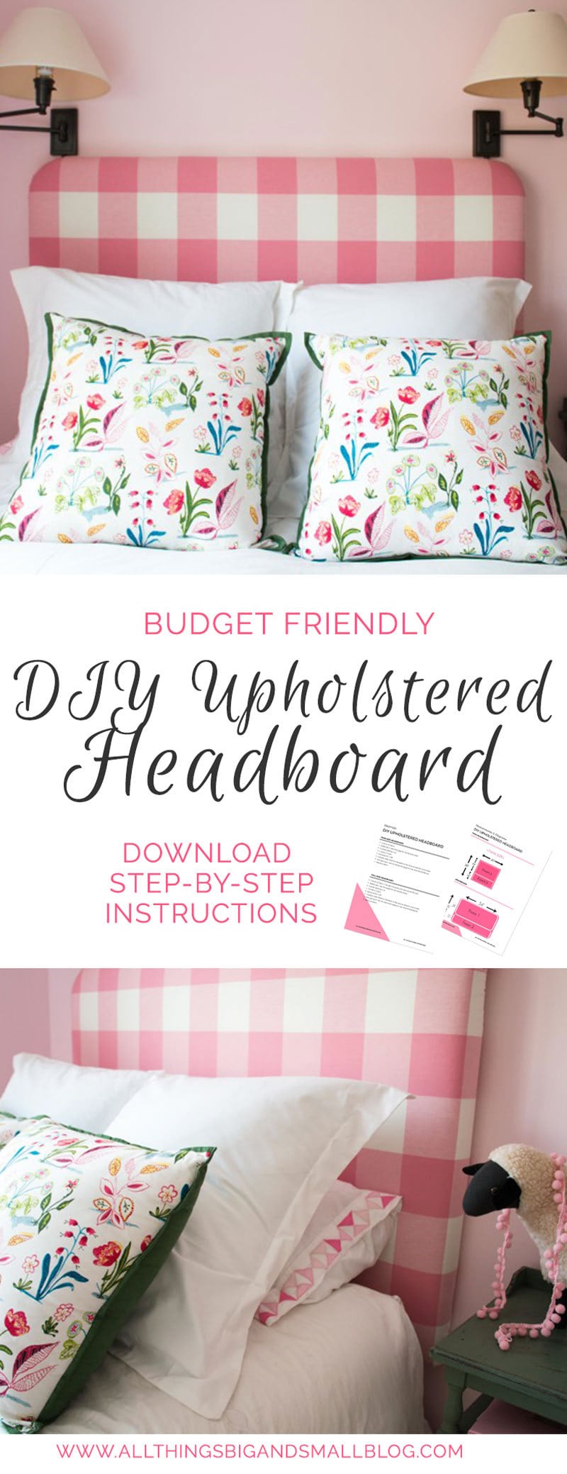 how to make a DIY Upholstered Headboard with pictures of pink buffalo check DIY Fabric Headboard