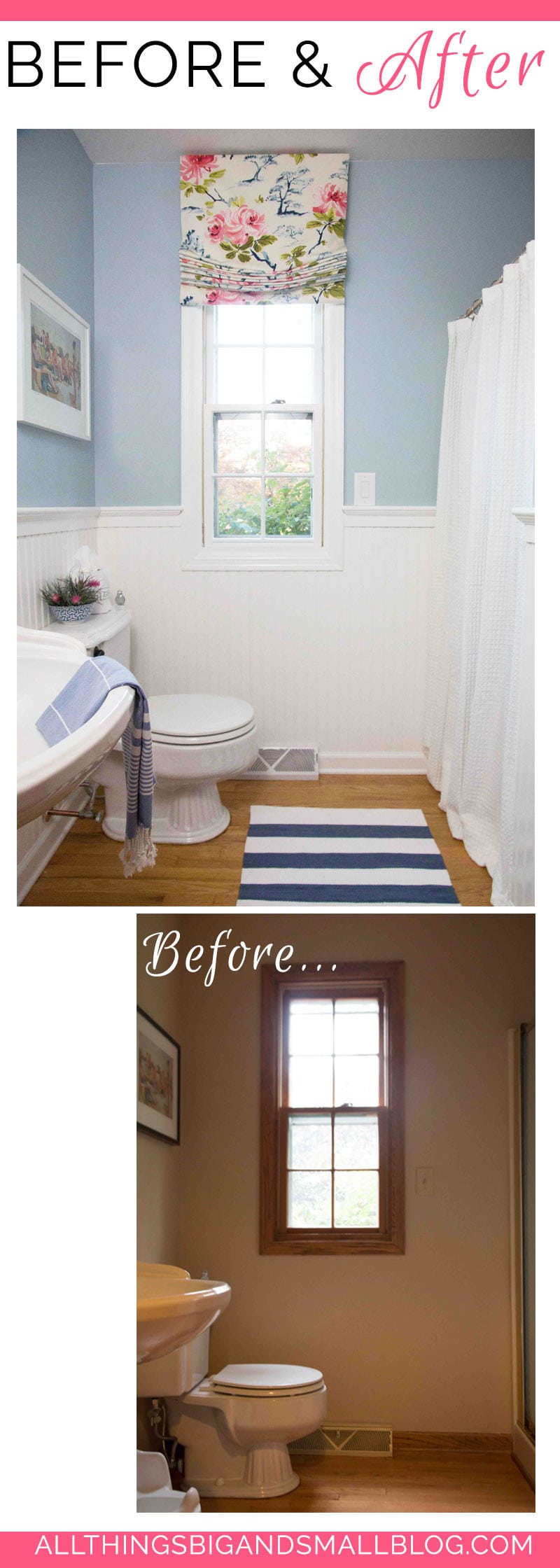 budget friendly blue and white bathroom before and after