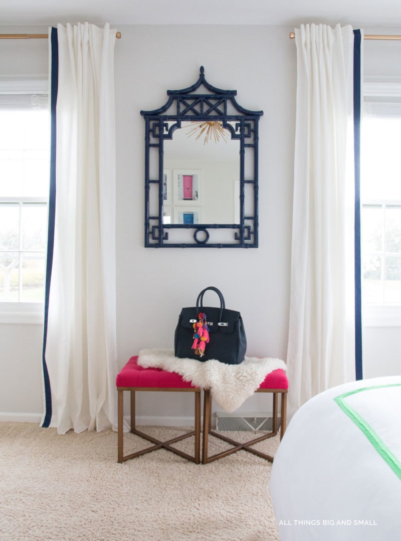 blue and white curtains with blue chinoiserie pagoda mirror