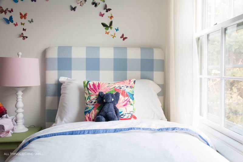 blue buffalo check fabric headboard