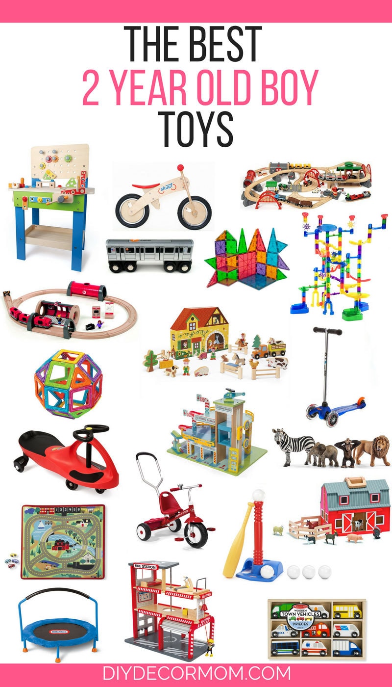 best toys for 2 year old boys--collage of toys for 2 yr old boys including tool bench, balance bike, trains, magnatiles, tricycle, and cars!