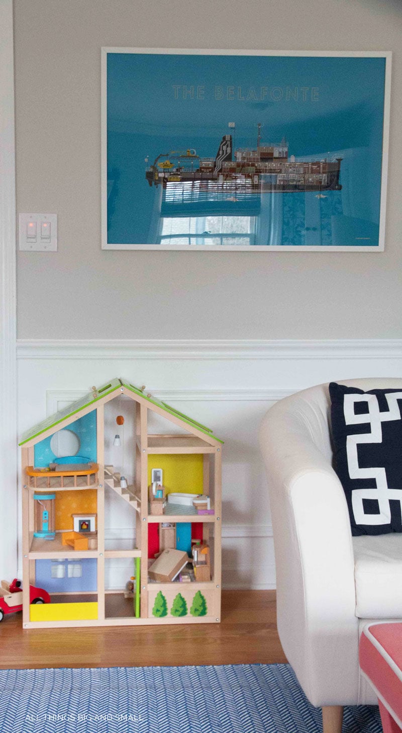 such a cute kids playroom with dollhouse --love the playroom dollhouse too!