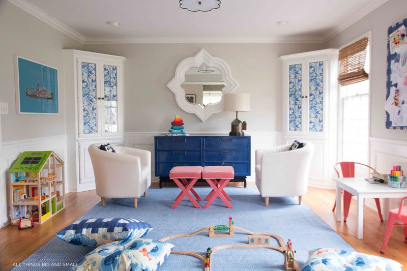 colorful playroom makeover blue rug dollhouse play kitchen playroom makeover built ins