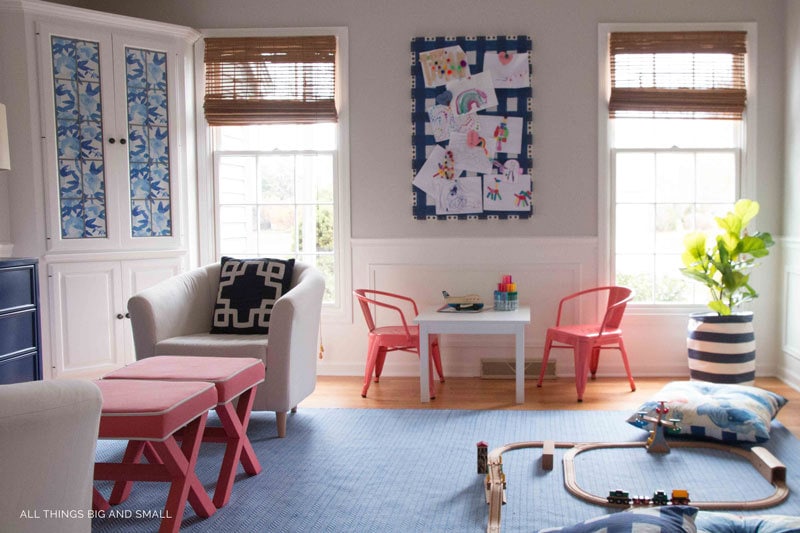 playroom decor and playroom makeover ideas blue buffalo check bulletin board blue playroom rug trains and play table