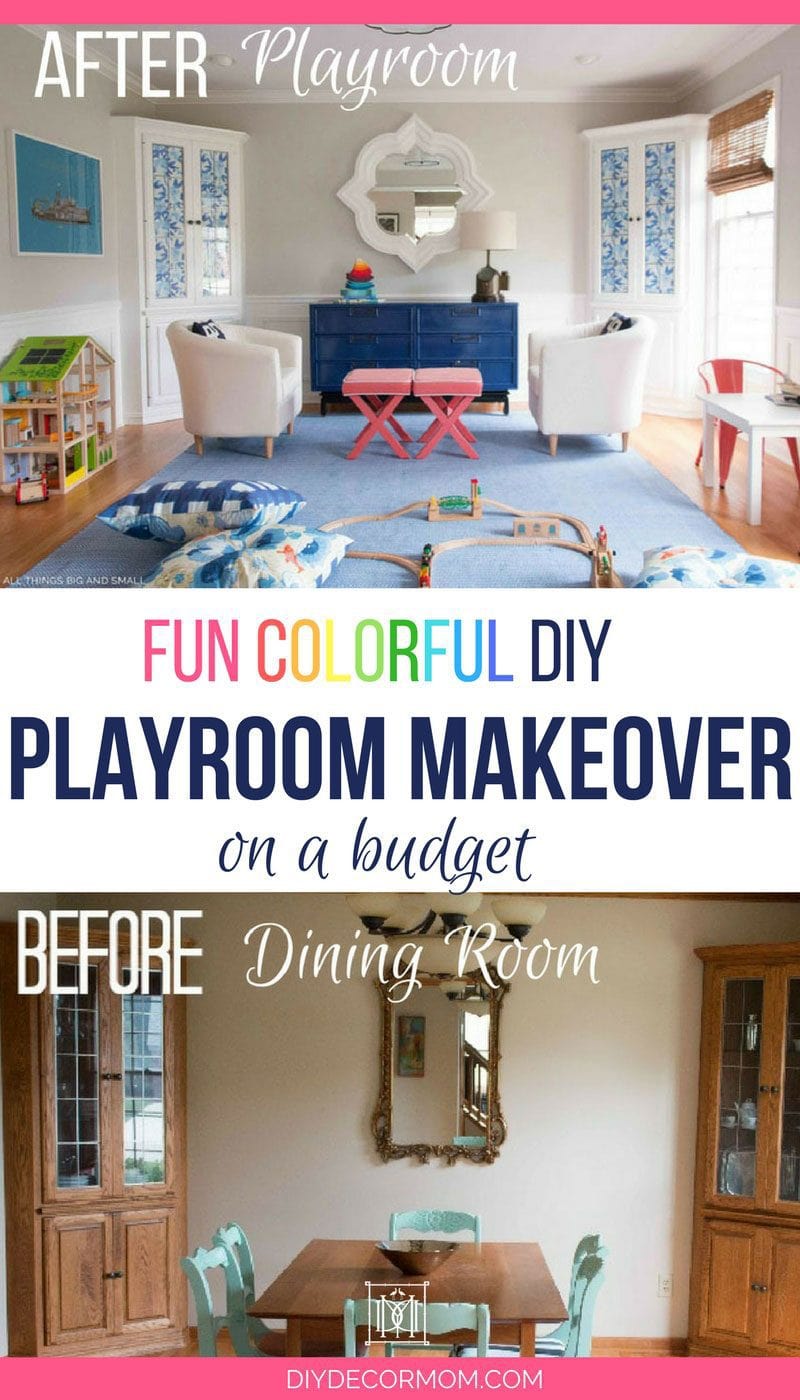 colorful blue and white playroom decor before and after