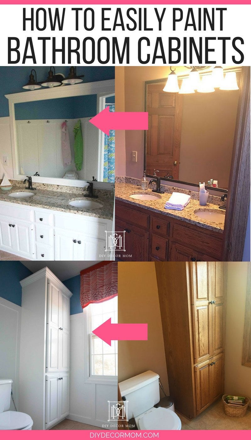 before and after white painted bathroom cabinets--how to paint bathroom cabinets tutorial