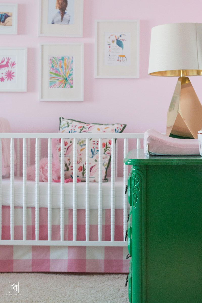 pink DIY crib skirt | pink buffalo check material | DIY Decor Mom 