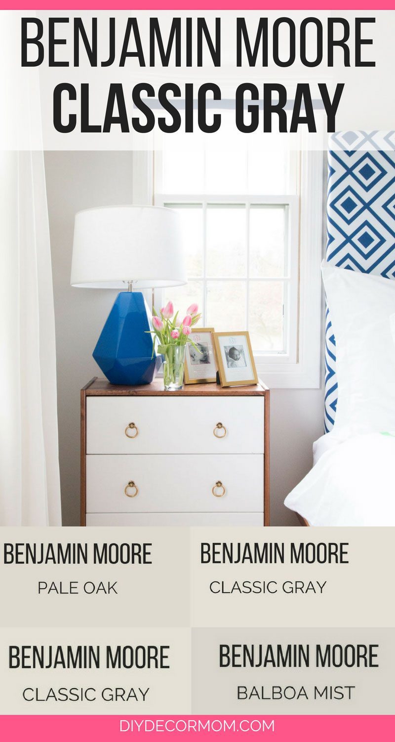 benjamin moore classic gray bedroom with white curtains and bedside table