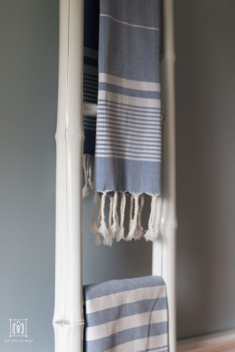 blue and white turkish towel in blue and white bathroom