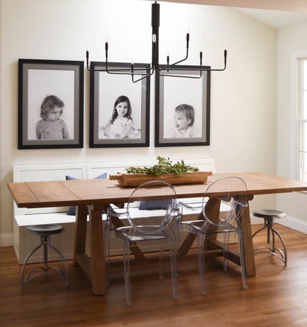 farmhouse dining room with light gray paint- BM 1548 on walls