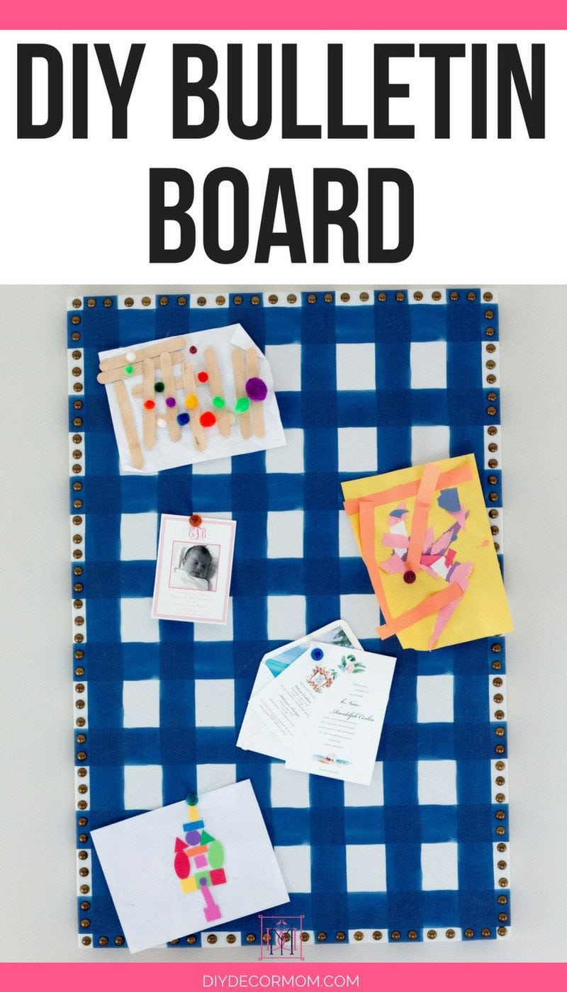 diy bulletin board tutorial blue buffalo check fabric nailhead trim with kids art