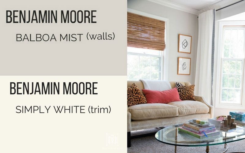 BM Balboa Mist and BM Simply White walls living room