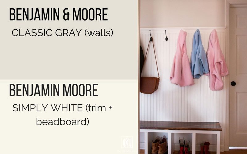 benjamin moore classic gray on walls in hallway mudroom and benjamin moore simply white trim and beadboard