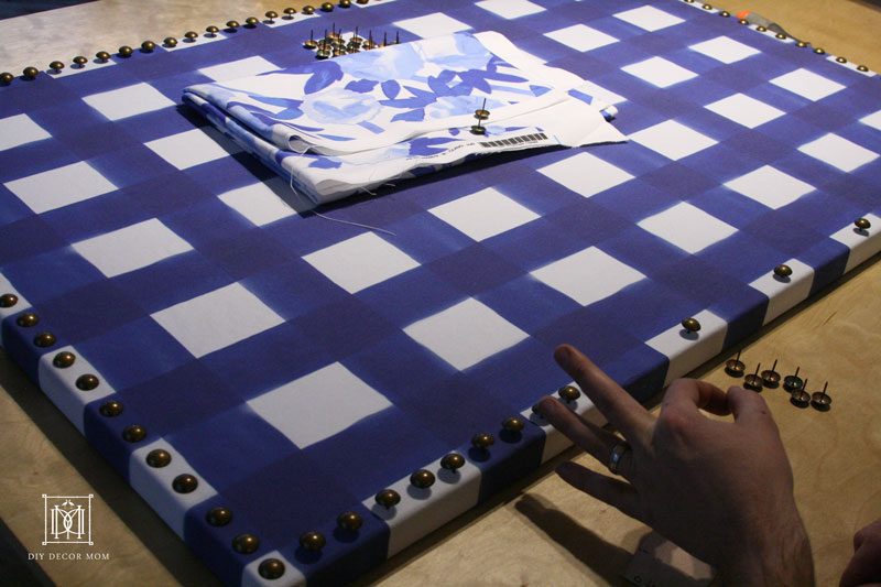 easy DIY bulletin board with fabric and nailhead trim