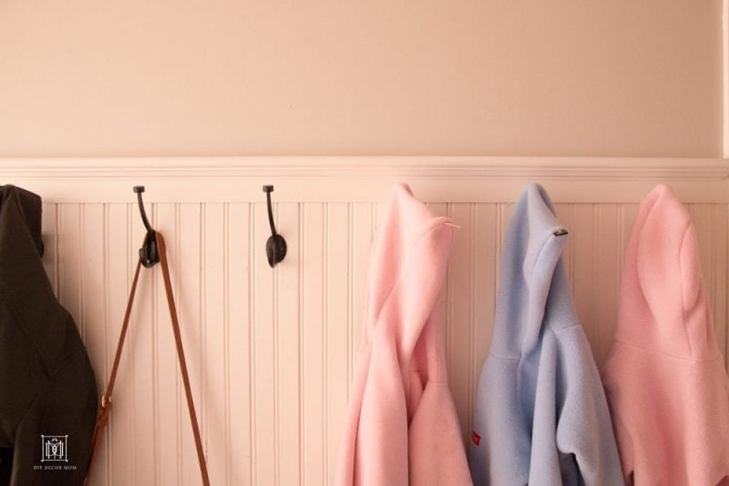 small mudroom entryway coat hooks and DIY beadboard