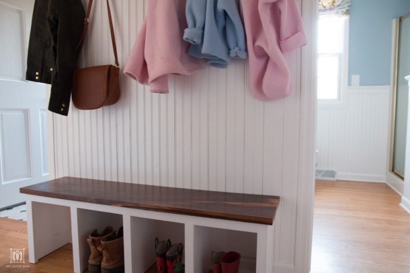 small mudroom bench DIY for narrow hallway with coat hooks and shoe storage cubbies