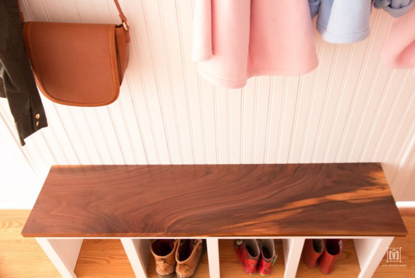 diy small mudroom entryway bench with wood top and beadboard cubbies for shoe storage
