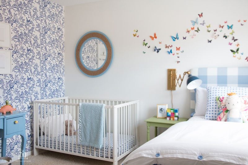 baby boy accent walls- love this baby boy room decor with blue and white wallpaper butterfly wall decorations in boy nursery