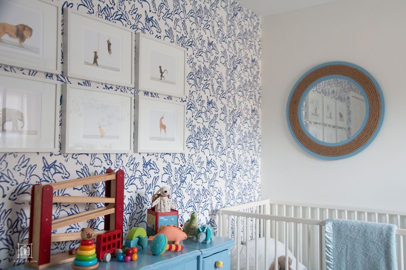 blue wallpaper in baby boy room- cute baby boy room decor ideas- Hunt Slonem bunnies