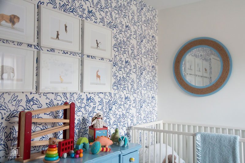 blue wallpaper in baby boy room- cute baby boy room decor ideas- Hunt Slonem bunnies