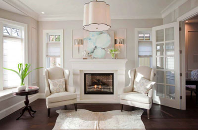 balboa mist formal living room with White Dove trim