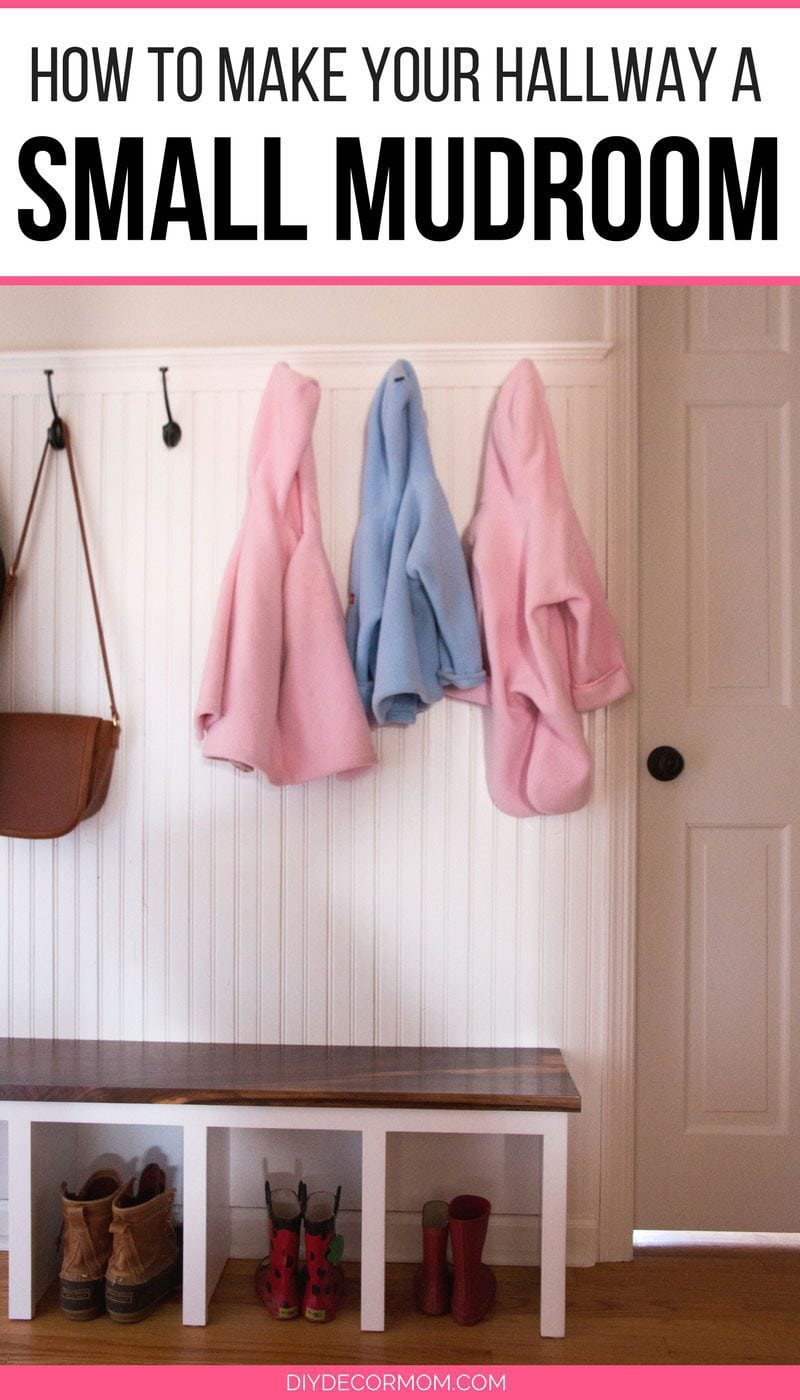 small mudroom ideas--see this narrow hallway mudroom makeover with a simple mudroom bench coat hooks and boots with white beadboard