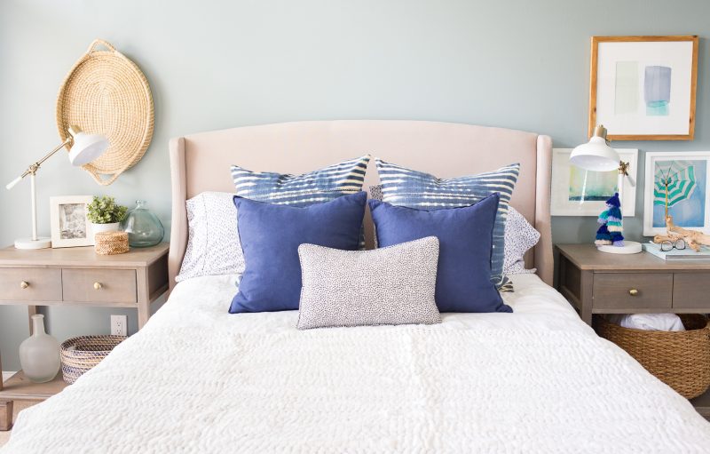 blue and white master bedroom with blue walls and blue and white bedding by making home base