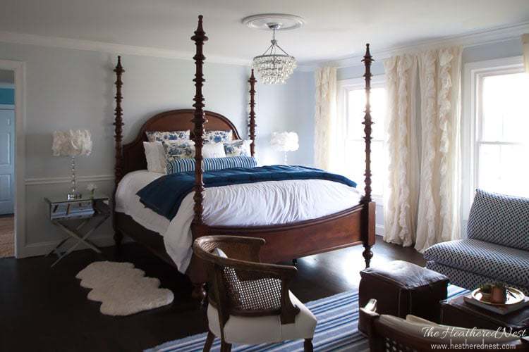 blue and white master bedroom by heathered nest