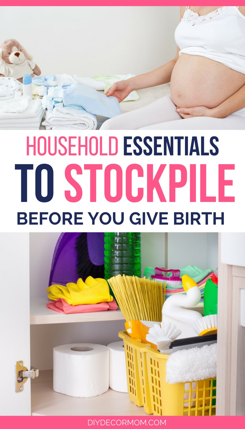 household essentials you need to buy before you give birth picture of pregnant woman and pantry with toilet paper