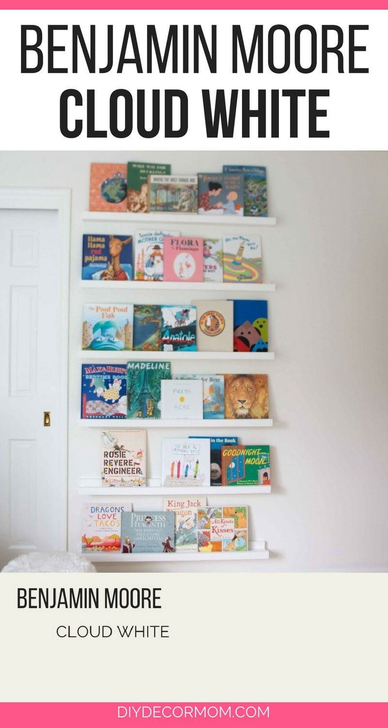 benjamin moore cloude white walls in nursery and nursery bookshelves painted simply white with colorful childrens books