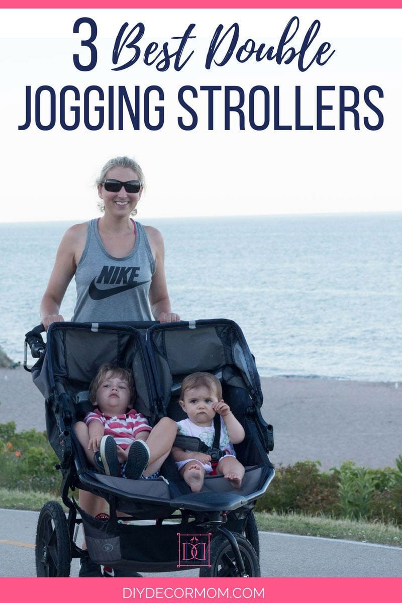 mom with double stroller running with baby and toddler along beach- see the best double jogging stroller here