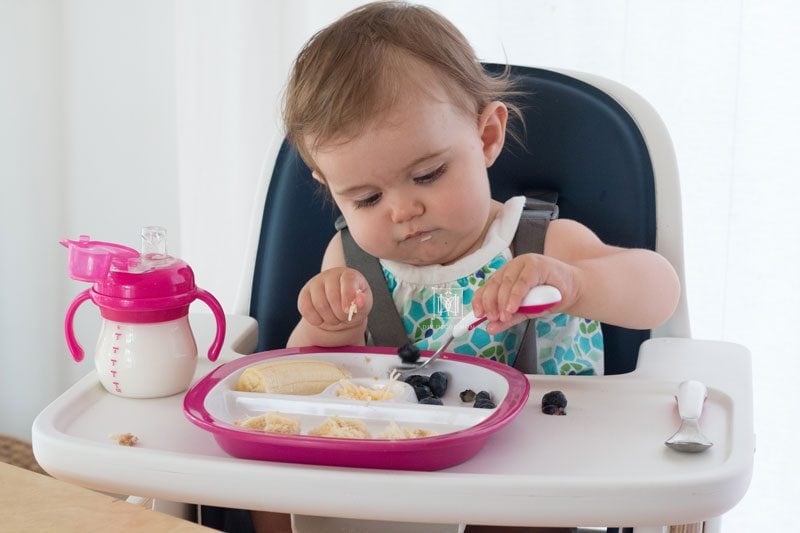 baby led weaning with silverware and plates and sippy cup with baby in highchair