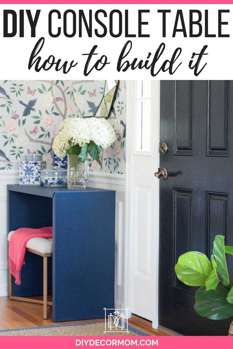 fabric wrapped DIY console table in front hall entryway with chinoiserie wallpaper