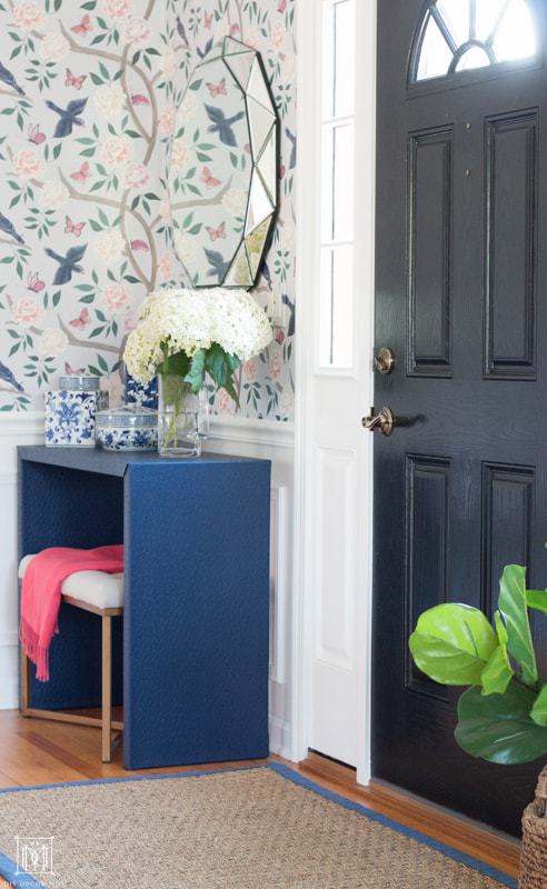 blue ostrich grasscloth diy console table