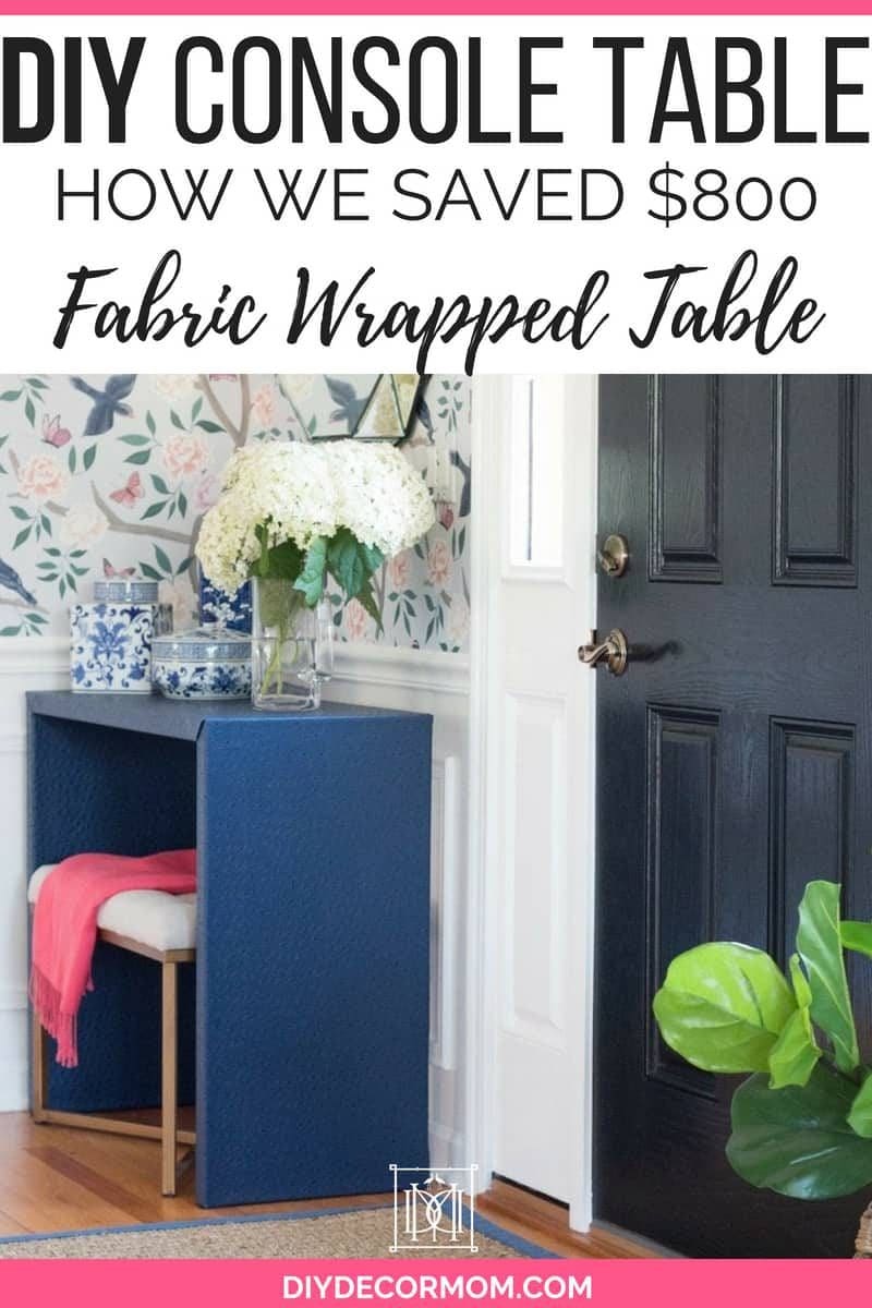 fabric wrapped diy console table styled in front hall with chinoiserie wallpaper