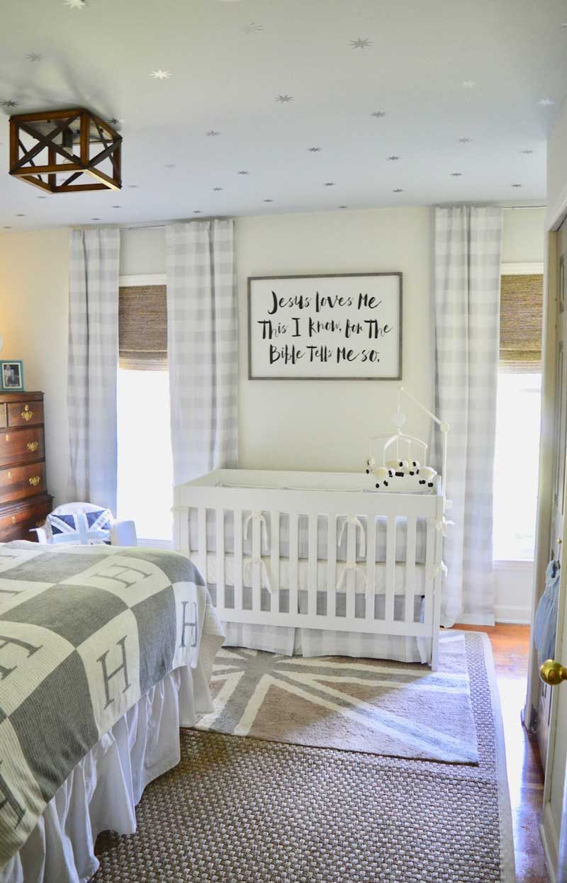 neutral gray and white boy nursery with star ceiling from elise and hope blog