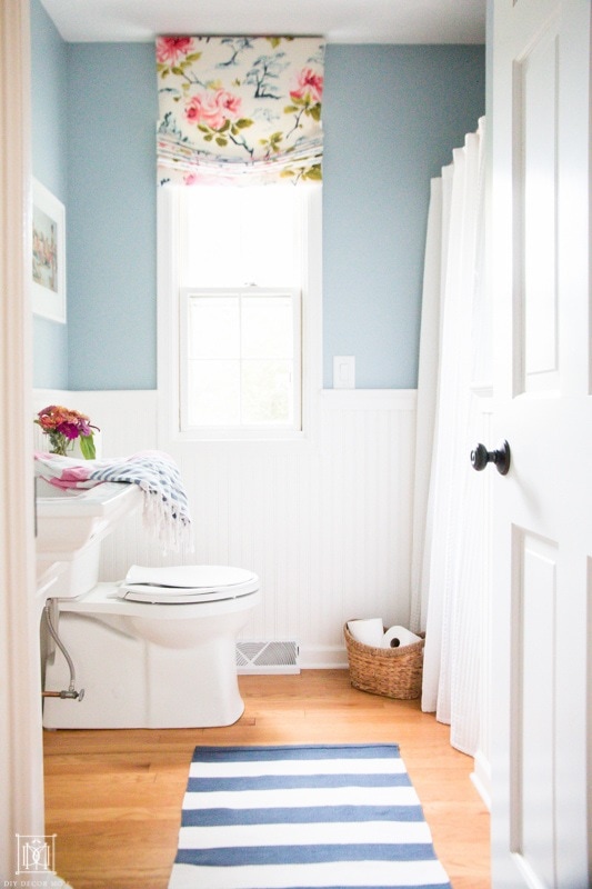 blue gray bathroom using FB parma gray with white beadboard 