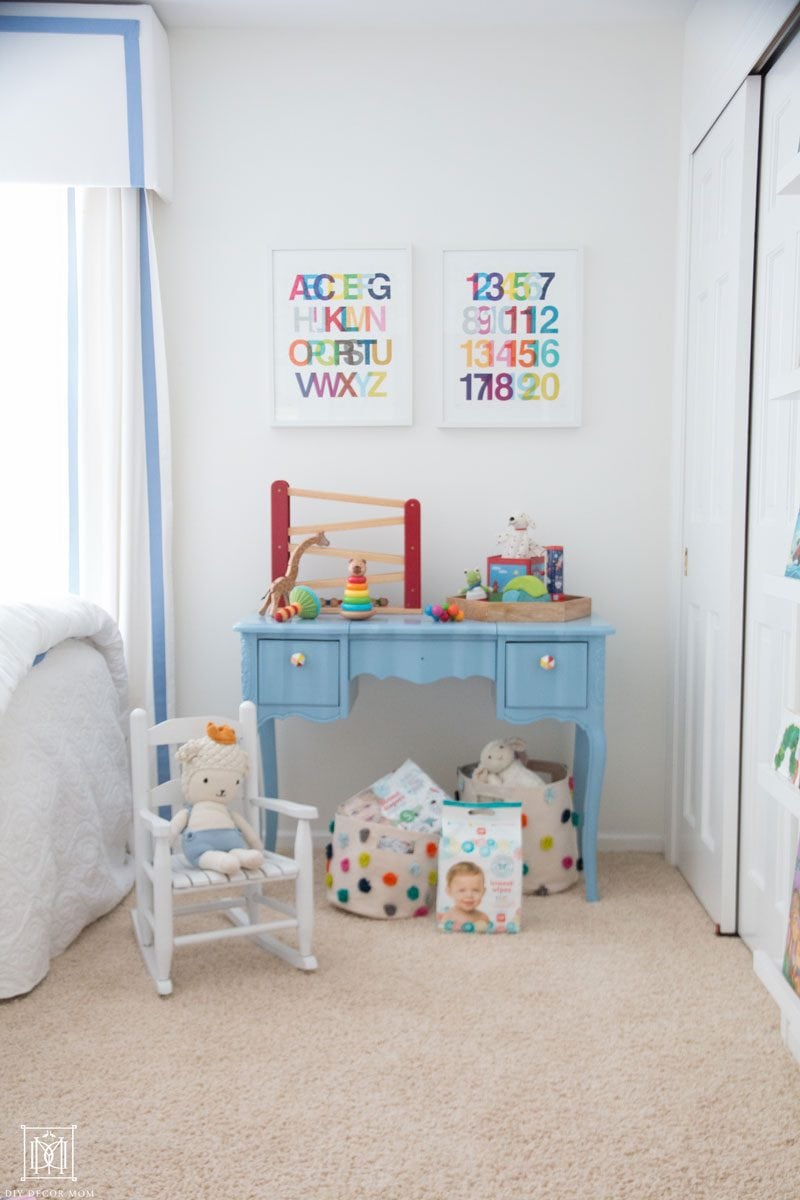 blue and white nursery for second baby