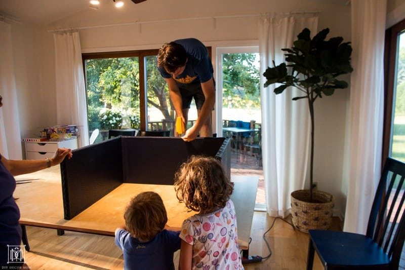 stapling front hall table- how to make a diy entry way table