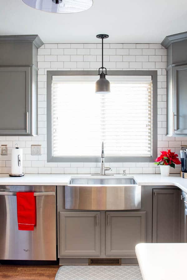 painted kitchen cabinets by inspiration for moms using bm advance paint in chelsea gray