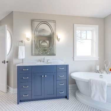 revere pewter bathroom with blue vanity