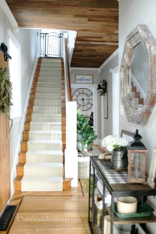 BM Revere Pewter Hallway with hallway runner on stairs by Christina's Adventures