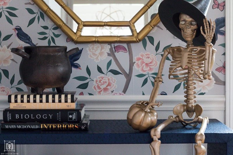 chic halloween decor with gold spraypainted skeleton