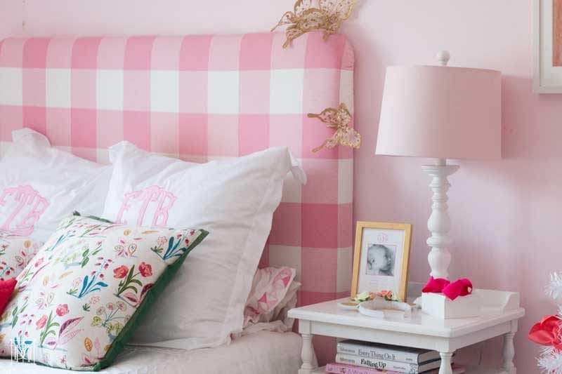 pink buffalo check headboard in pink room