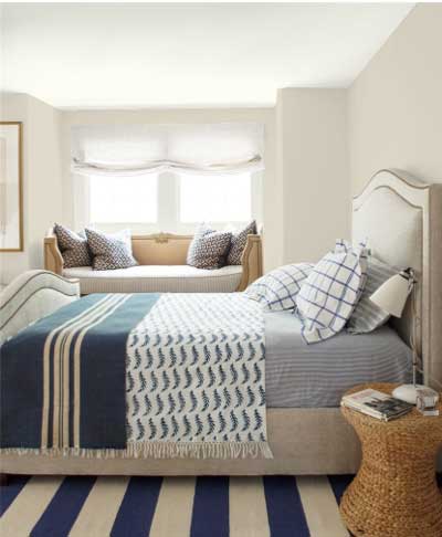 BM HC-173 light gray walls in bedroom with blue and white striped rug