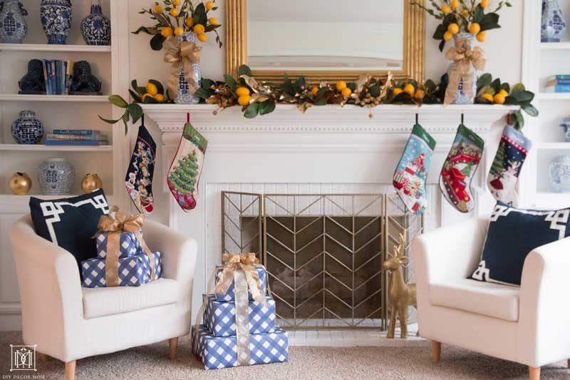 lemon garland christmas decorations on fireplace