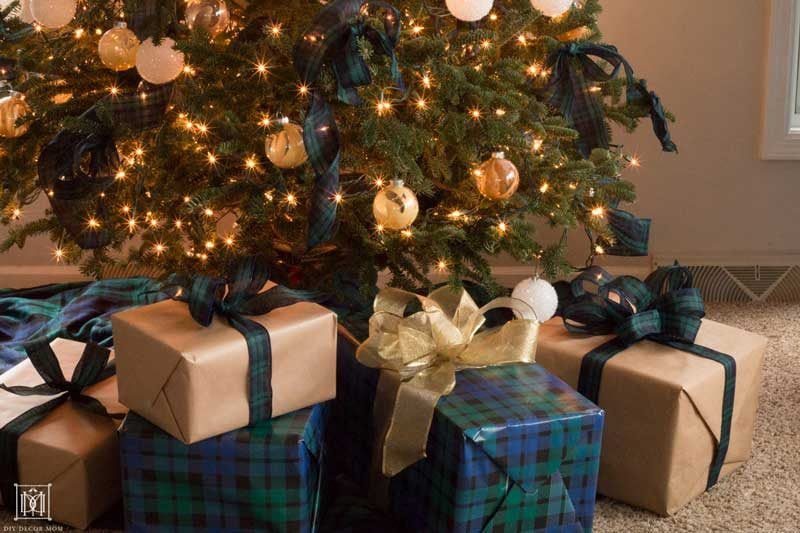 plaid gift wrap and christmas tree decorations